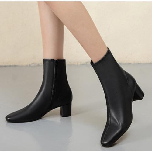 Rimocy Womens Pu Leather Square Toe Ankle Boots 2021 Autumn Side Zipper Thick Heel Boots Women Elegant Office Shoes Ladies