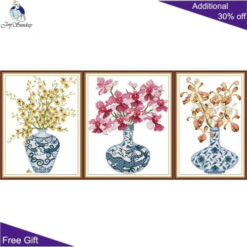 Joy Sunday Blue And White Porcelain Vase J517 J518 J519 14CT 11CT Counted and Stamped Home Decor China Flower Cross Stitch kits