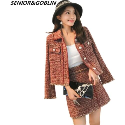 High Quality 2 Piece Set Women Autumn Vintage Pearls ButtonTassels Tweed Jacket Coat+Mini Skirt Suit Ladies Winter Wool Suits