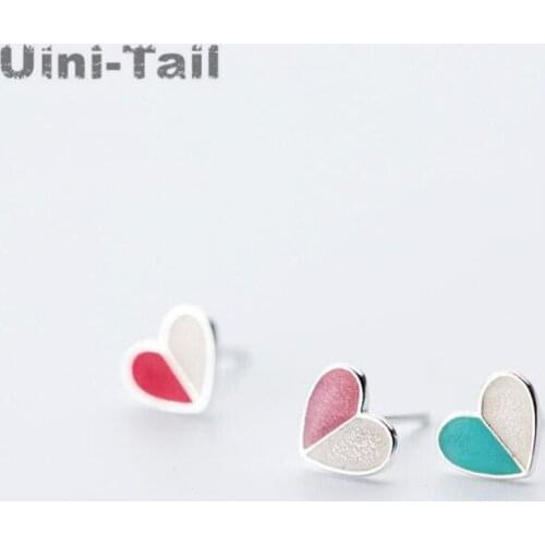 Uini-Tail hot new925 sterling silver heart paint stud female pink green student gift eye-catching colorful heart-shaped earrings