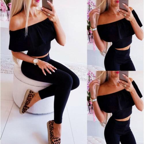 Women Exercise Tracksuit Sweatshirt Sexy Off Shoulder Crop Tops Ladies Solid Slim Long Pants Outfit Set Gym Sportswear