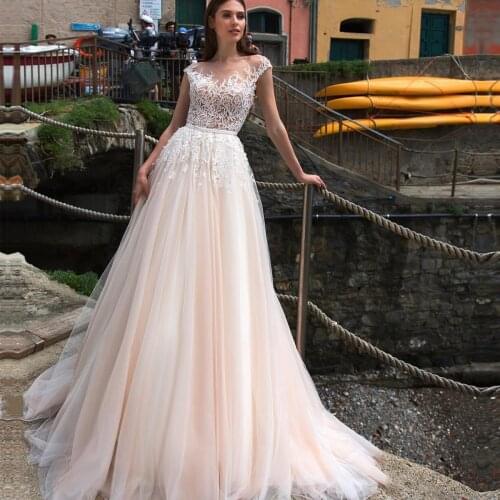 Champagne Wedding Dresses 2021 Lace Applique O-neck Cap Sleeves Wedding Gown Beach Bridal Gowns Robe De Mariee For Women