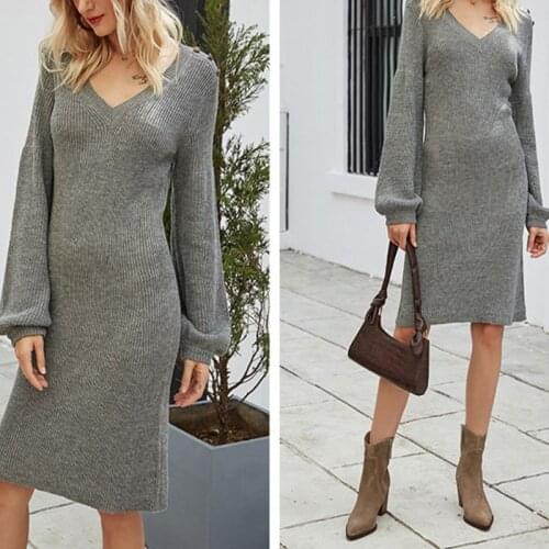 Womens Autumn Long Puff Sleeves Ribbed Knitted Midi Dress Knee Length Sexy V-Neck Buttons Decor Solid Color Basic Loose Jumper