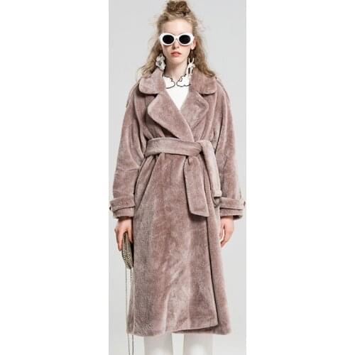 Winter Solid Fashion Wool Coats for Women Casual Long Eco-friendly Fur Dusty Coffee Overcoats Sashes Pockets Warm Thick Jackets