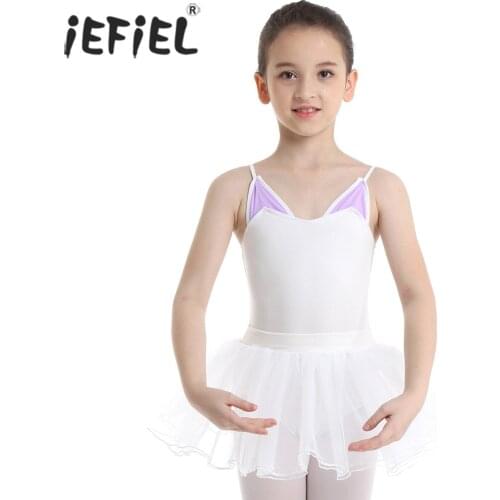 Kids Girls Fancy Dancewear Spaghetti Shoulder Straps Animal Ear Back with Cat Beard Ballet Dance Gymnastics Leotard Tutu Dress