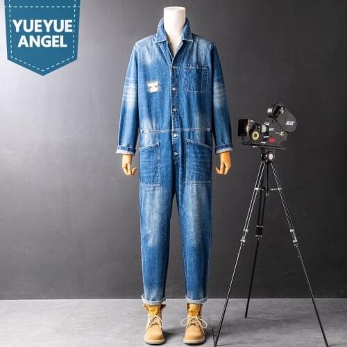 Spring Autumn Safari Style Overalls Mens Straight Loose Fit Single Breasted Jeans Fashion Long Sleeve Casual Denim Jumpsuits Men