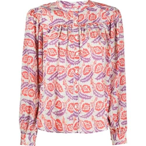 2020 Summer New Long-sleeved Loose Shirt with Printed Flowers Pleated Lantern Sleeve Floral Print Silk Blouse 4 Colors