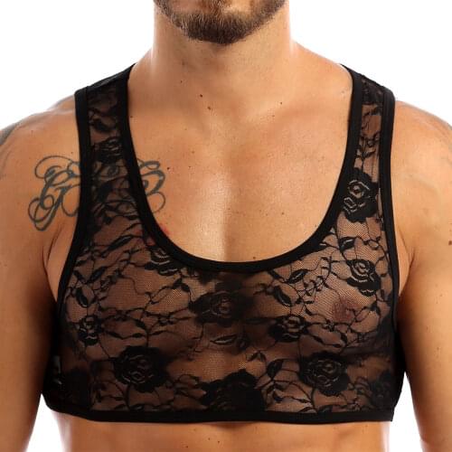 Mens Sissy See Through Top Sheer Lingerie Deep U Neck Sleeveless Stretchy Floral Lace Short Vest Crop Tops Nightwear Sleepwear