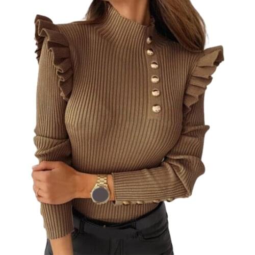 Autumn Winter Women Shirt Pullover Long Sleeve Rib Blouse Turtleneck Buttons Ruffle Plus Size Sweater