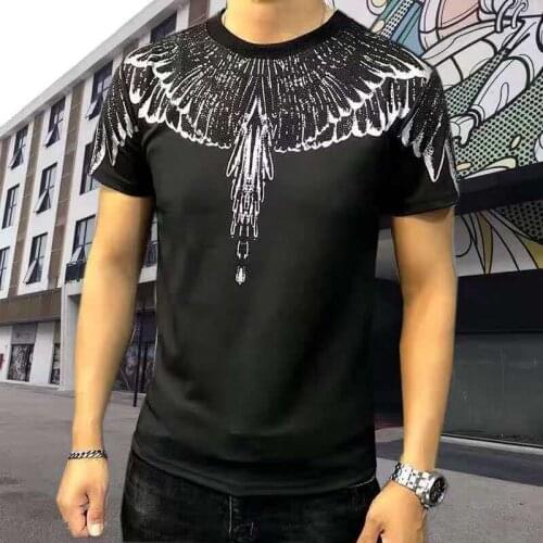 Feather Drops Diamond Wings Printed Mercerized Clothes Short-sleeved T-shirt Mens Fashion Brand Hot Diamond Tassel T Shirt Men