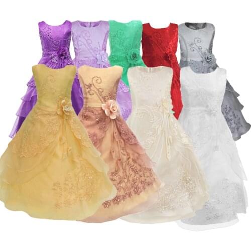 Teenage Girls Prom Embroidery Dresses Tulle Lace Party Long Gown Kids Costume 3D Flower Decoration Skirts Clothing for Children