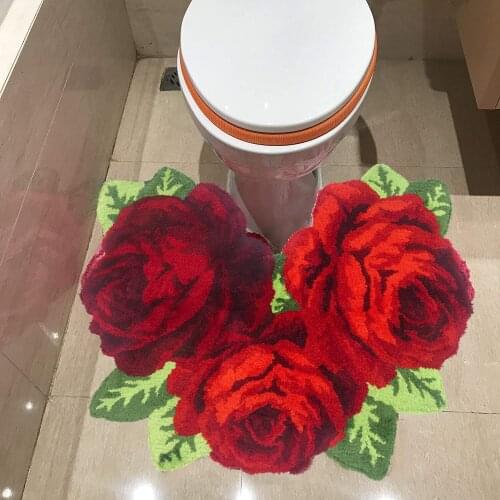 Fluffy Plush Red Rose Wedding Rug Soft Shaggy Microfibers Non-Slip Toilet Bath Mat Washable Absorbent Carpet for Bathroom
