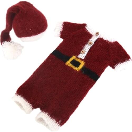 Christmas Gift Hooded Romper Outfit Newborn Santa Clothes for Photography Props Knitted Baby Girl Burgundy Romper Bonnet Set