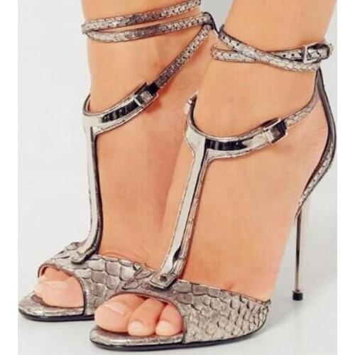 Sexy Snakeskin Print Leather Women Sandals Gold Metal Decoration T-bar Ankle Strap Gladiator Sandals Women Summer Banquet Shoes