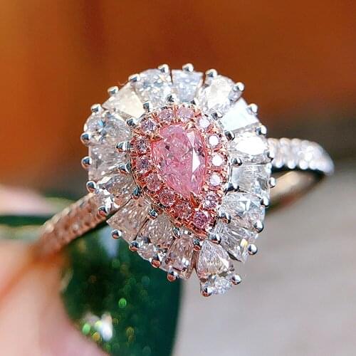 Chic Water Drop Bling Pink Crystal Zircon Diamonds Gemstones Rings for Women White Gold Silver Color Fine Jewelry Bijoux Gifts