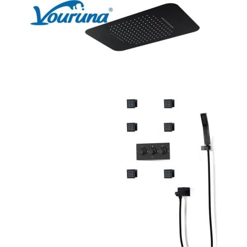 VOURUNA Bluetooth Music LED Ceiling Mounted Black Bathroom Shower Set Rain and Waterfall Massage Shower Faucet System