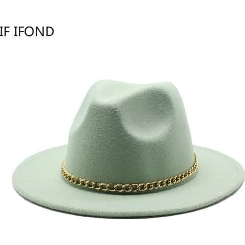 Women Wool Fedora Hat 2021 Autumn Winter Warm Triby Felt Hats Men Fashion Wide Brim Top Jazz Hat With Metal Chain
