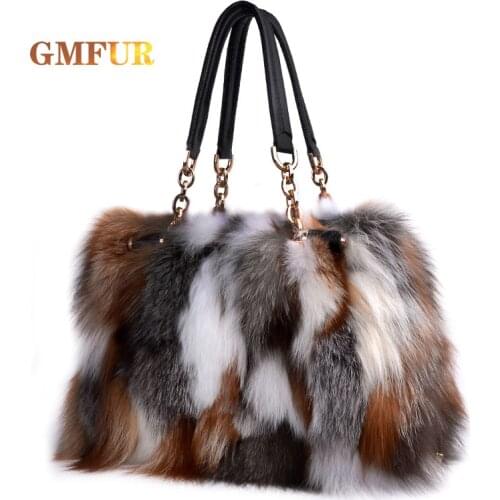 Ladies Purses 100% Real Silver Fox Fur Shoulder Messenger Women Crossbody Bags For Luxury Designer Dinner Bag Wallet Handbag