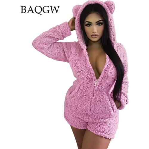 Women Fashion Plush Jumpsuits Long Sleeves Zip Pockets Autum Casual Furry Cute Hooded Playsuit Solid Warm Fluffy Outdoor Wear