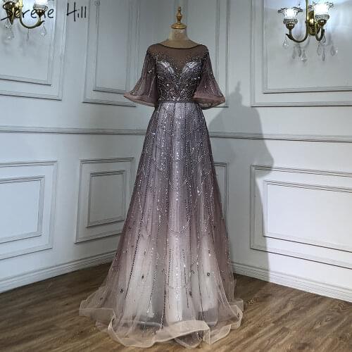 Serene Hill Green Elegant Long Flare Sleeves Evening Dresses Gowns 2021 A-Line Luxury Beading For Women Party Night BLA70822