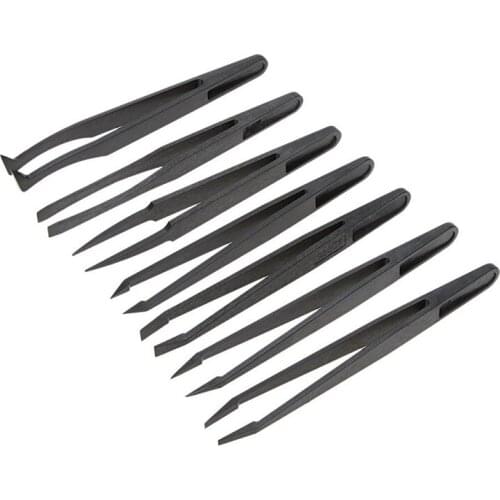 7pcs Black Plastic Antistatic Flat Bottomed Top End Tweezers Hand Tools Set