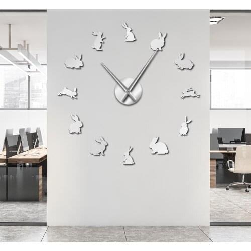Frameless Cute Rabbit Shape Self Adhesive 3D DIY Wall Clock Quartz Acrylic Mirror Sticker Bunny Animals Creative Clock Watch