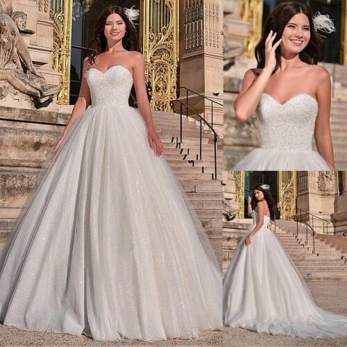 Brilliant Sequin Crystals Tulle Sweetheart Neckline Ball Gown Wedding Dresses With Beadings Bridal Gown