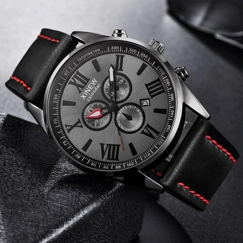 XINEW Watches Mens Fashion Leather Band Calendar Quartz Wrist Watch Men Business Gifts Vintage Watch Montres de Marque de Luxe