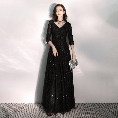 Black Evening Dresses Long 2020 New Arrival V-neck Half Sleeves Sexy Lace up Long Party Gowns