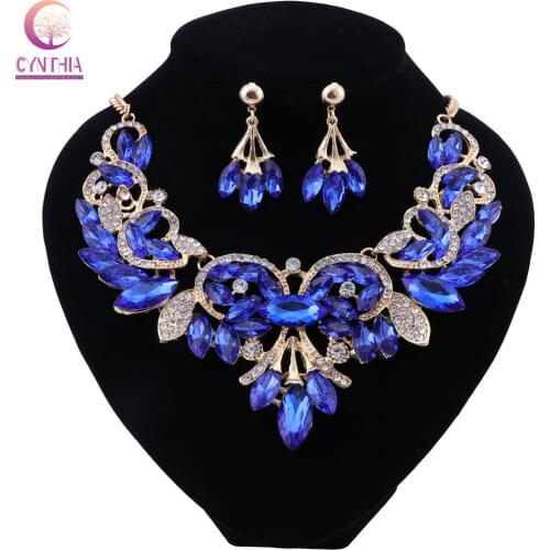CYNTHIA Fashion Blue Crystal Necklace Earrings Set Bridal Jewelry Sets for Brides Wedding Party Costume Jewellery Set