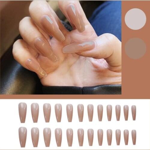 Long False Nail Pieces Milks Tea Wearing Nail Stickers Finished Nail 24 Pcs With Glue SK88