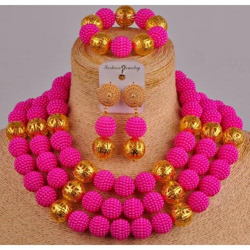 Fuchsia pink costume necklace african set simulated pearl african wedding beads necklace set nigeria set FZZ62