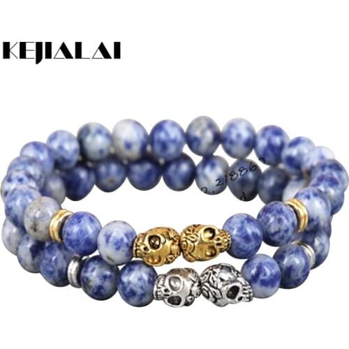 KEJIALAI 1pcs 2018 New Fashion 8mm Beads Bracelet Gold/Silver Color Skull Head Sodalite Lava Stone Beads Mens Bracelet A0316