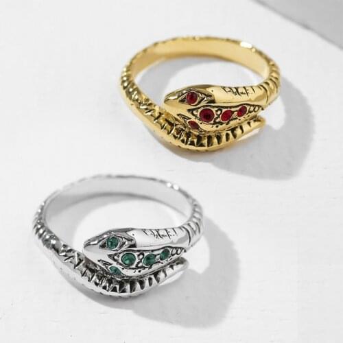Retro National Style Snake Shaped Zircon Ring Punk Hip Hop Animal Gold Silver Color Ring Creative Party Jewelry Accessories