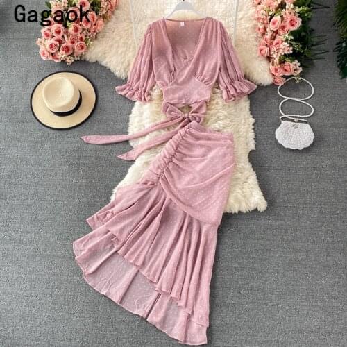 Gagaok High Street Two Piece Sets Women 2021 Summer New Sweet Elegant Fashion Chic Outfits Short Blouses + Midi Wild Skirts