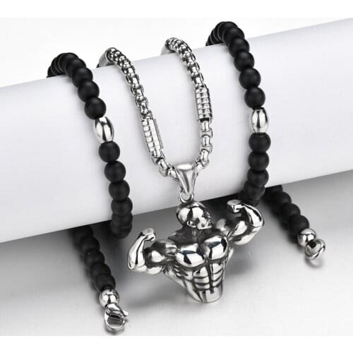 Muscle Men Sport Gym Fitness Bodybuilding Pendant Necklaces Black Stone Strand Beads Necklaces