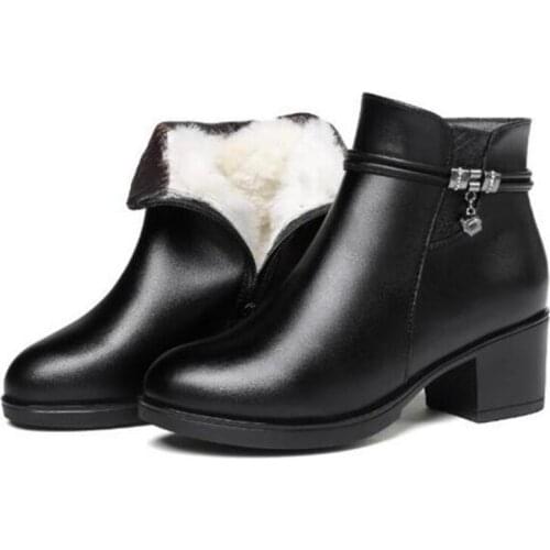 2020 New Fashion Winter Boots Women Boots Thick Heel Non-slip Metal Rhinestone Cow Leather Shoes Woman Warm Plush or Wool Boots
