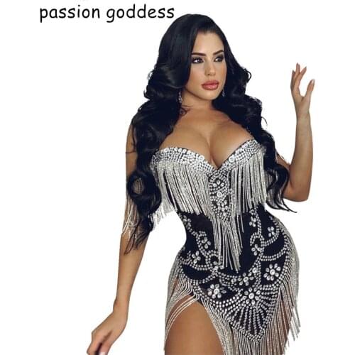 Summer New Women Fashion Black Sexy Bodycon Mini Slip Dress Rinestone Shine Zipper Tassel Traingle Hem Nightclub Party Dresses