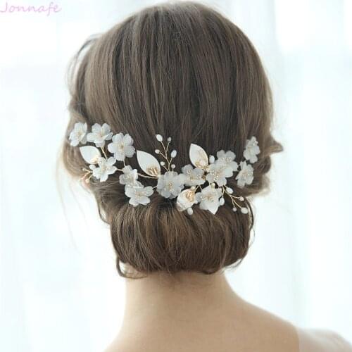Jonnafe Charming Chiffon Floral Bridal Headpiece Wedding Hair Clip Comb Pearls Women Hair Jewelry Ornament