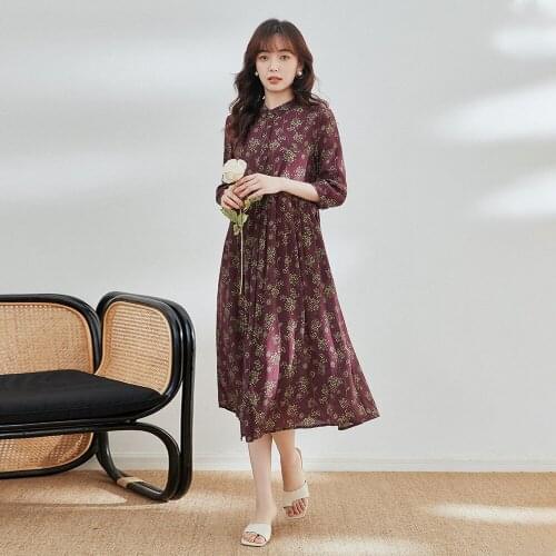 Elegant Woman Dress Silk Print Floral High Waist A Line Three Quarter Silk Dress New Office Lady Single Breasted Woman Dress