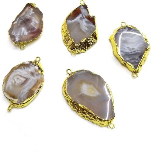 Natural Stone slice Agates Pendants Double hole connector for Jewelry Making DIY Necklaces Accessorie Size 18x30mm-20x40mm