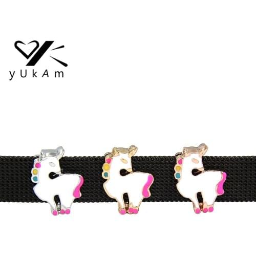 YUKAM Jewelry Colorful Drop Oil Enamel Charms Unicorn Animal Horse Slide Charms Keeper for Mesh Bracelets DIY Accessories Making