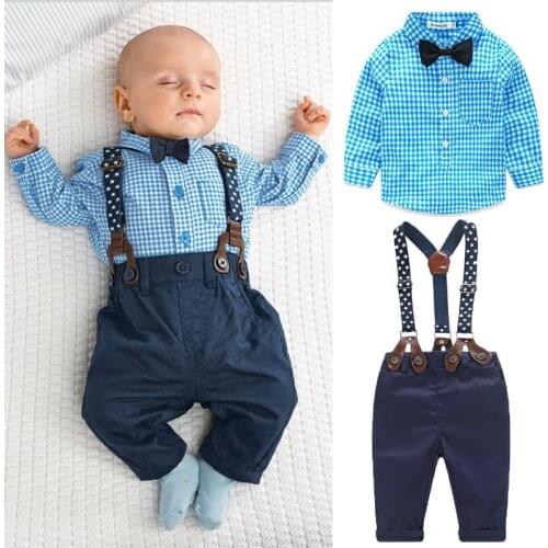 Newborn Kids Baby Boy Clothing Set Bow Tie Long Sleeve Plaid Shirt+Suspender Pants Trousers Outfit Set Formal Wear Overalls