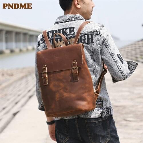 Retro fashion crazy horse leather mens large-capacity backpack daily outdoor travel ladies natural cowhide laptop school bag