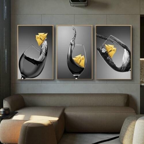 Modern Home Decoration Wine Glass with Small Boat Canvas Print Painting Dining Room and Kitchen Wall Art Flower Pictures Poster