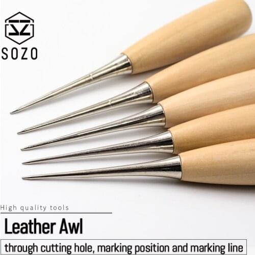 SOZO Leather Manual Awl Craftwork Awl Leather Hole Puncher Wooden Handle Tool 2 Pcs