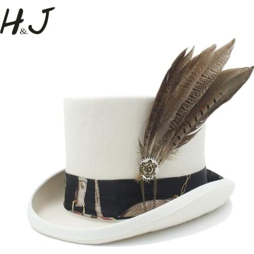 13.5CM Top Women Men White Steampunk Top Hat With Handmade Leather Wool Fedoras Hat / Cylinder Hat/ Chimne Cap