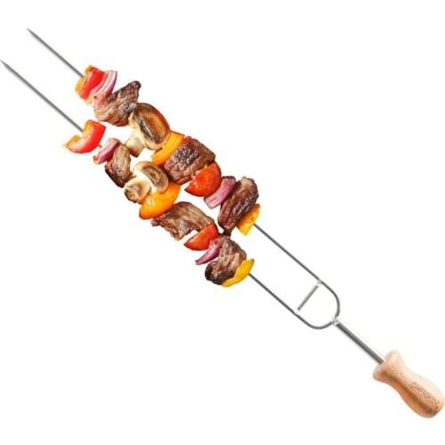 Stainless steel barbecue fork with wooden handle anti-scalding sign outdoor picnic barbecue utensils steel needle barbecue tag