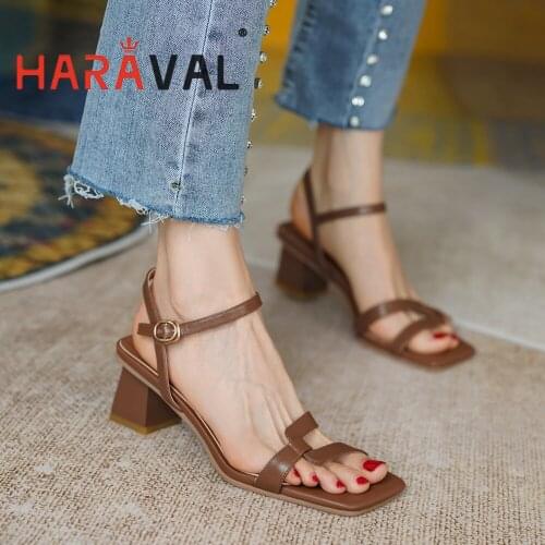 HARAVAL Women Sandals Shoes Thick Heels Elegant Genuine Leather Casual Solid Brown Buckle Shoes Women Summer Adult Female B369