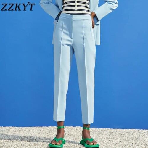 ZZKYT 2021 Women Spring Fashion Blue Zipper Straight Pants Vintage High Waist Fly Side Pockets Female Ankle Trousers Mujer